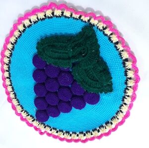 Vintage Handmade Crochet Wall Hanging Fruit Design Grapes Purple And Green.